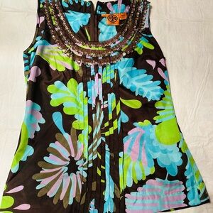 Tory Burch 100% Silk Tank Blouse Shirt Beaded Floral Tropical Green Blue Size 6